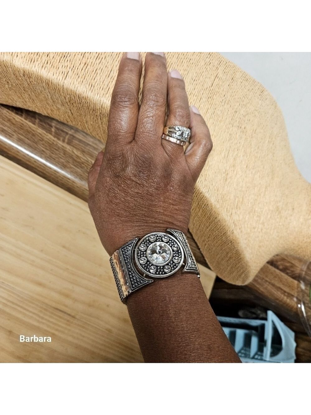 Siver-tone Wide Panel with Center Crystal Medallion Stretch Bracelet